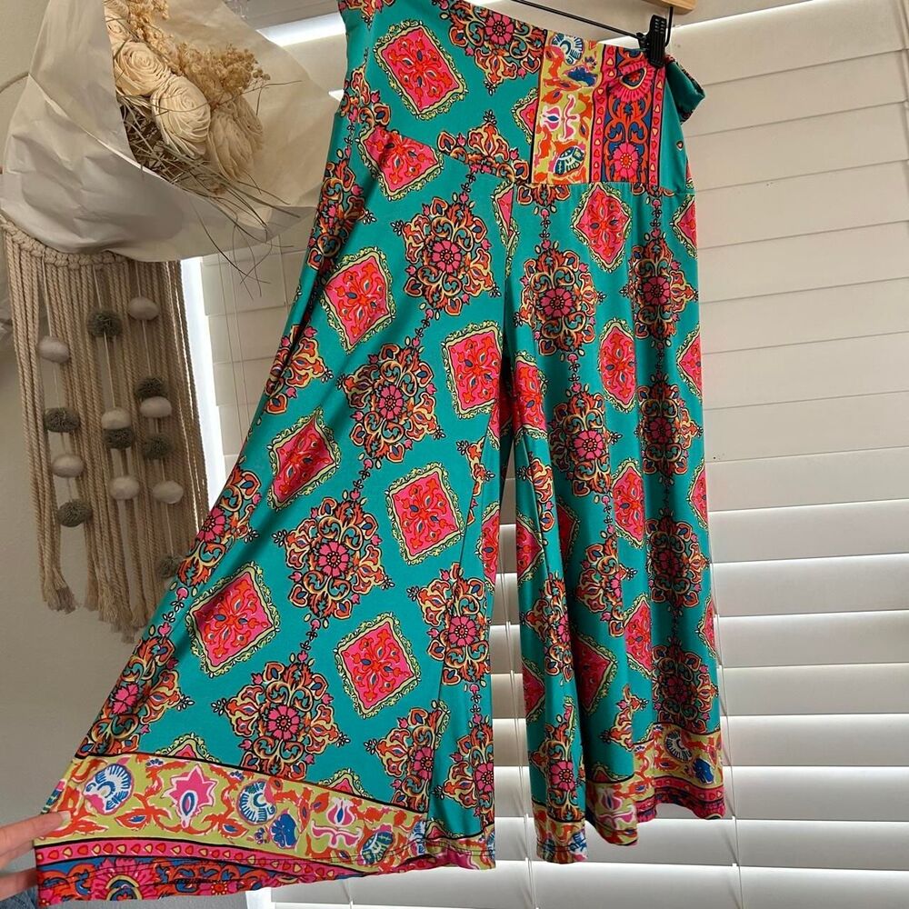 Boho Y2K Psychedelic Paisley Wide Leg Capri Pants flowy relaxed size Large